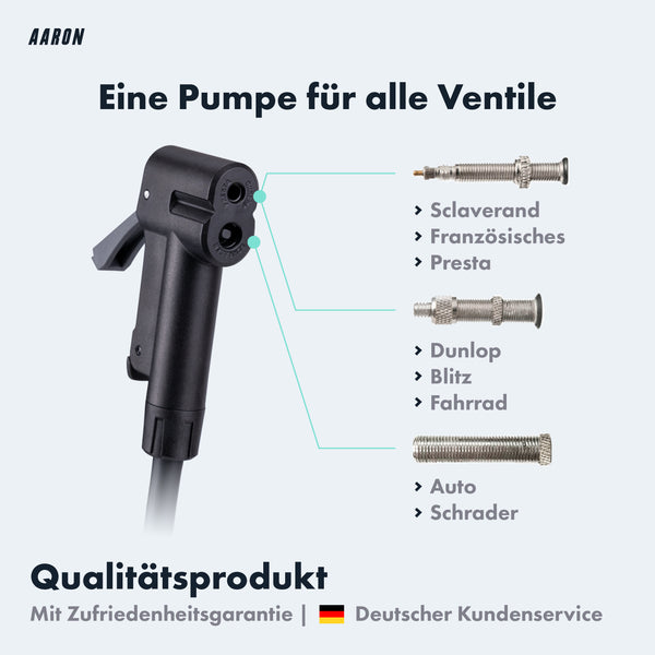 AARON Sport One 3.0 Fahrradpumpe - Gelb mit universalem Ventilaufsatz für alle gängigen Ventile in Schwarz