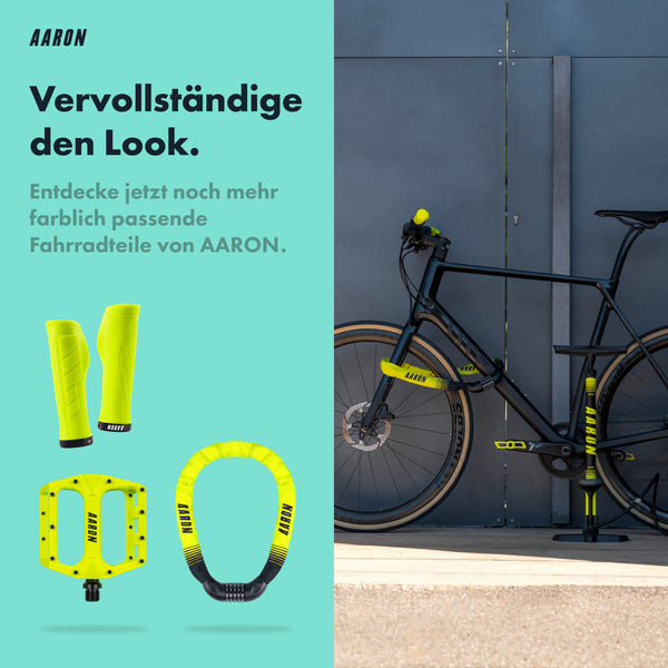 AARON Sport One 3.0 Fahrradpumpe - Gelb am Fahrrad mit gelbem Zubehör
