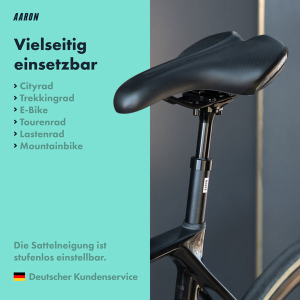 AARON Shock Federsattelstütze mit 27,2, 30,9 oder 31,6 mm Durchmesser - Schwarz am Mountainbike montiert, stufenlos neigbar