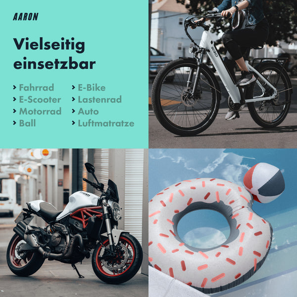 Collage mit Fahrrad, Motorrad und aufblasbarem Schwimmring zur vielseitigen Nutzung der AARON Sport One 3.0 Fahrradpumpe - Blau