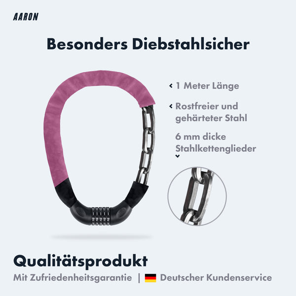 AARON Lock One Fahrradschloss mit Zahlencode - Berry als Infografik mit 1 Meter Länge und 6 mm dicken Stahlkettengliedern