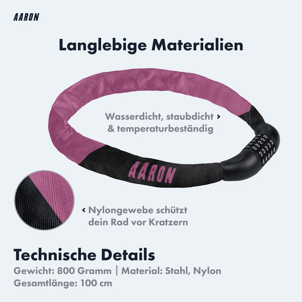 Infografik zum AARON Lock One Fahrradschloss mit Zahlencode - Berry mit wasserfester Nylonhülle, 800 g und 100 cm Länge