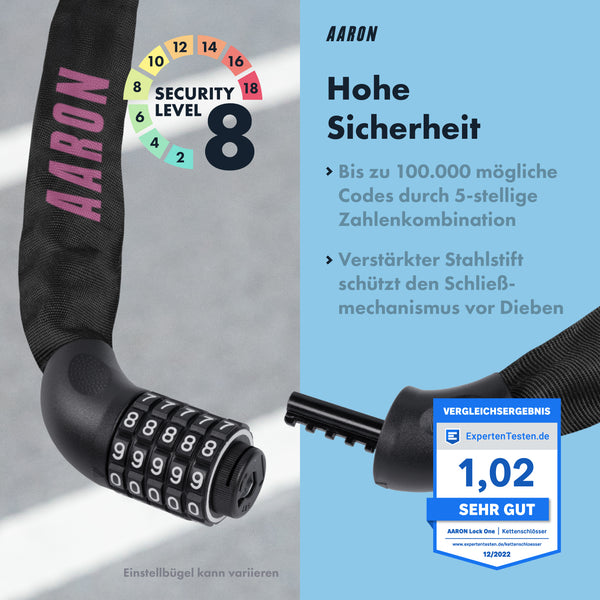 Infografik zum AARON Lock One Fahrradschloss mit Zahlencode - Berry mit 5-stelligem Zahlencode und hoher Sicherheit
