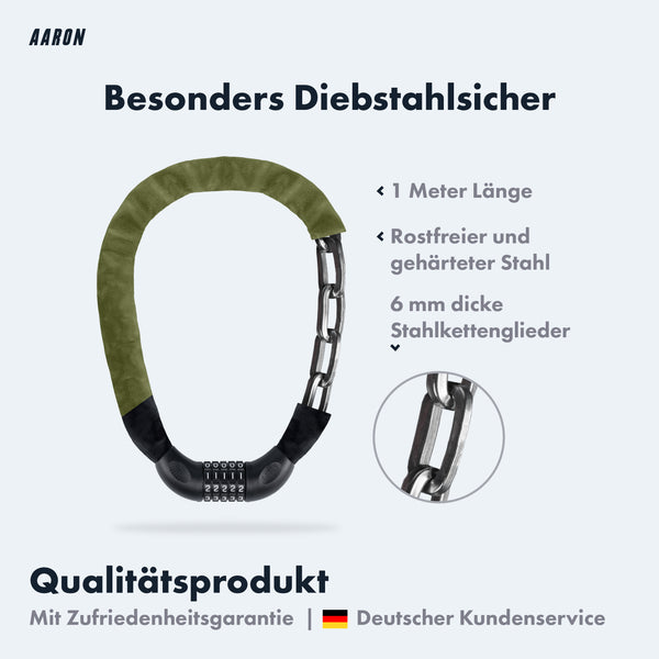 Infografik zum AARON Lock One Fahrradschloss mit Zahlencode - Olive mit 1 Meter Länge und 6 mm Stahlkettengliedern
