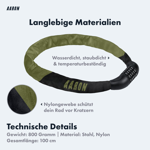 Infografik: AARON Lock One Fahrradschloss mit Zahlencode - Olive mit Stahl-Nylon-Hülle 800 g und 100 cm lang