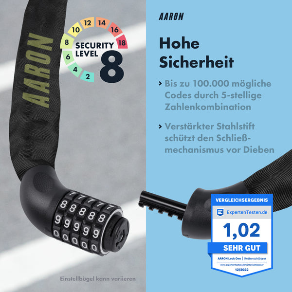 Infografik zum AARON Lock One Fahrradschloss mit Zahlencode - Olive mit 5-stelligem Zahlencode und hoher Sicherheit