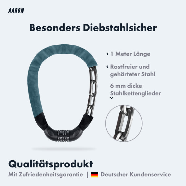 Infografik zum AARON Lock One Fahrradschloss mit Zahlencode - Grau Blau II mit 1 Meter Länge und 6 mm Stahlkettengliedern