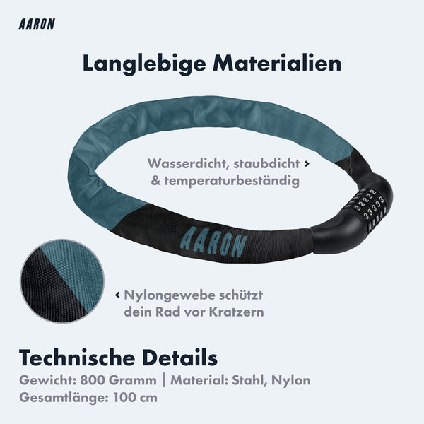 Infografik zum AARON Lock One Fahrradschloss mit Zahlencode - Grau Blau II 100 cm lang 800 g Stahl Nylon