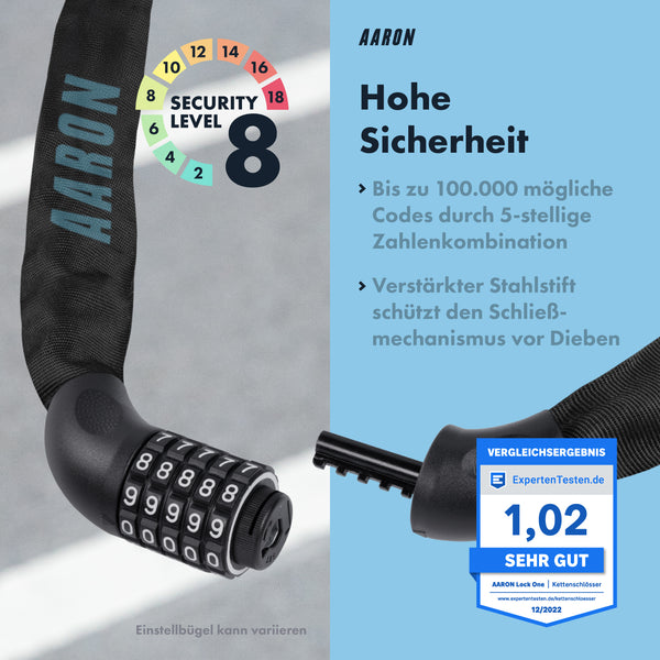 Infografik zum AARON Lock One Fahrradschloss mit Zahlencode - Grau Blau II mit 5-stelligem Zahlencode und hoher Sicherheit