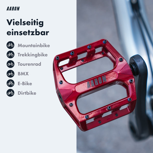 AARON Rock MTB Pedale - Rot mit robustem Aluminiumgehäuse und vielseitiger Nutzung für verschiedene Fahrradtypen
