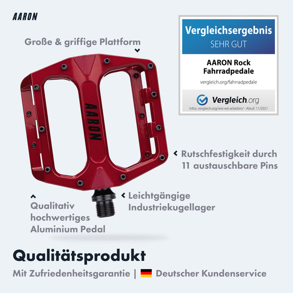 AARON Rock MTB Pedale - Rot mit großflächiger Plattform und austauschbaren Pins für sicheren Grip beim Mountainbiken