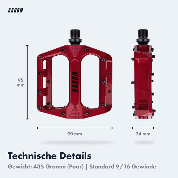 AARON Rock MTB Pedale - Rot mit robustem Aluminiumgehäuse, breiter Trittfläche und stabilem Gewinde für Mountainbikes