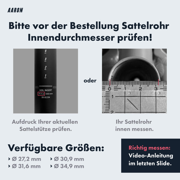 AARON Spring Sattelstütze gefedert - 27,2, 30,9, 31,6 oder 34,9 mm - Schwarz Infografik zum Innendurchmesser