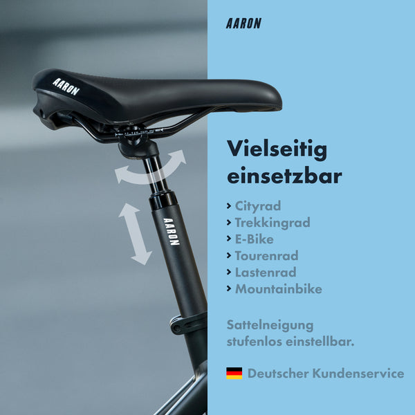 Infografik: AARON Spring Sattelstütze gefedert - 27,2, 30,9, 31,6 oder 34,9 mm - Schwarz mit verstellbarer Sattelneigung