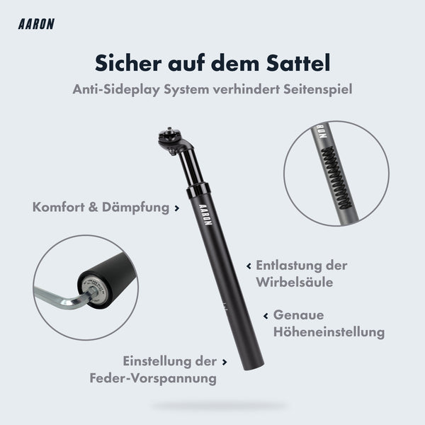 Infografik zur AARON Spring Sattelstütze gefedert - 27,2, 30,9, 31,6 oder 34,9 mm - Schwarz mit Federung