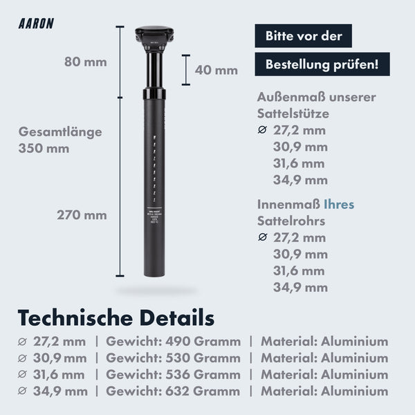 Technische Infografik AARON Spring Sattelstütze gefedert - 27,2, 30,9, 31,6 oder 34,9 mm - Schwarz
