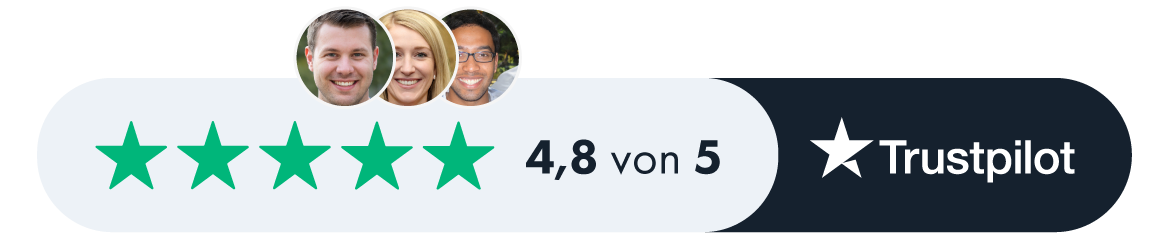 Bewertung mit 4,8 von 5 Sternen bei Trustpilot gezeigt durch grüne Sterne und Benutzer-Avatare auf dunklem Hintergrund