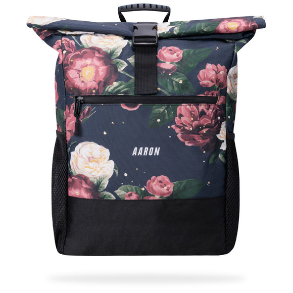 AARON Rolltop 2.0 Rucksack für Damen und Herren - Blumenmuster mit Frontreißverschluss und verstellbarem Verschlussriemen