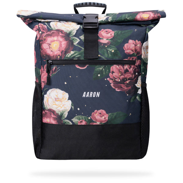 AARON Rolltop 2.0 Rucksack für Damen und Herren - Blumenmuster mit Frontreißverschluss und verstellbarem Verschlussriemen