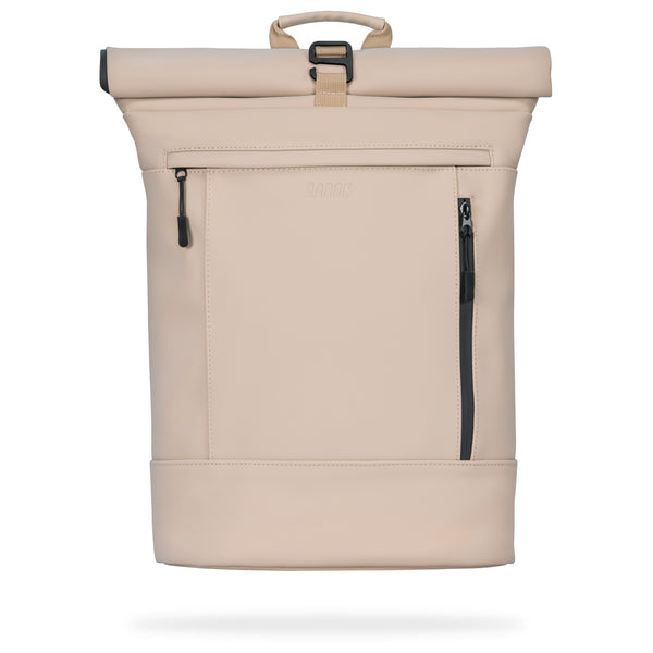 AARON UNI Rolltop Rucksack Beige aus recyceltem PU-Leder, vielseitig für Uni, Fahrrad und Alltag, 16-22 Liter Volumen.