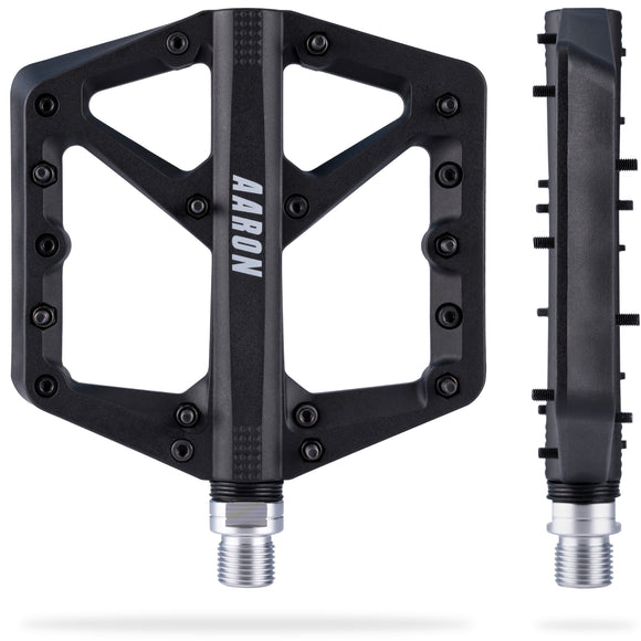 AARON Dirt 2.0 MTB Fahrradpedale - Schwarz mit rutschfesten Pins für maximalen Grip und langlebige CroMo-Achse