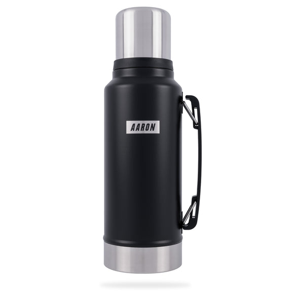 AARON Flask Thermoskanne Schwarz 1l, isoliert hält 24h heiß und 100h kalt, mit praktischem Tragegriff und langlebigem Edelstahlgehäuse.