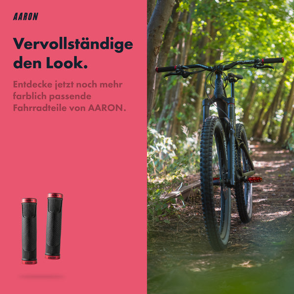 AARON Rock MTB Pedale - Rot montiert an Mountainbike im Wald für optimalen Grip und Halt bei Gelände use
