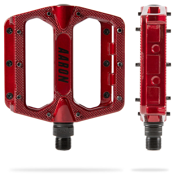 AARON Rock MTB Pedale - Rot, robustes Aluminium, geriffelte Plattform, 10 austauschbare Pins, langlebige CroMo Achse.