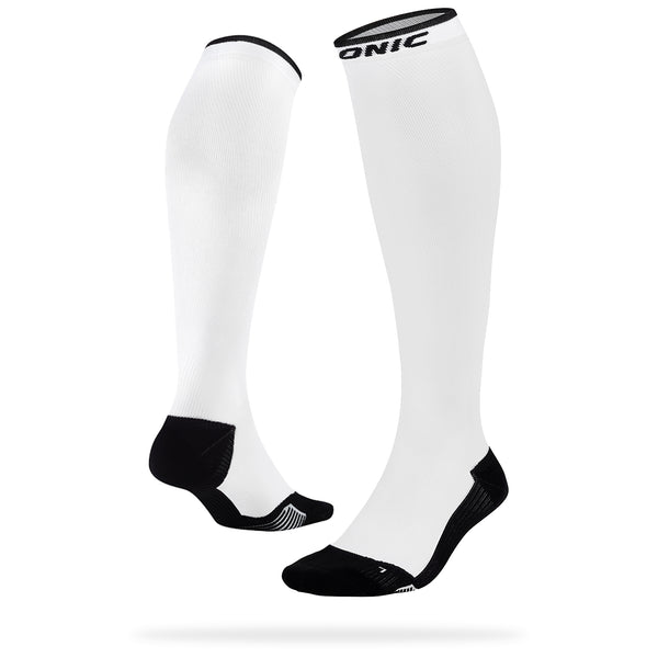 ONIC GEAR Sport Kompressionsstrümpfe - Damen & Herren - Weiß, kniehoch mit stabilisierenden schwarzen Akzenten und hohem Tragekomfort.