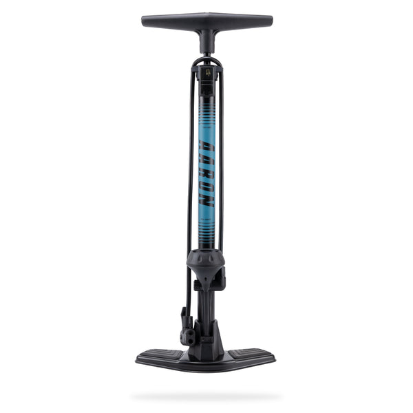 AARON Sport One 2.0 Fahrradpumpe - Blau mit integriertem Druckmessgerät und robustem Standfuß vor weißem Hintergrund