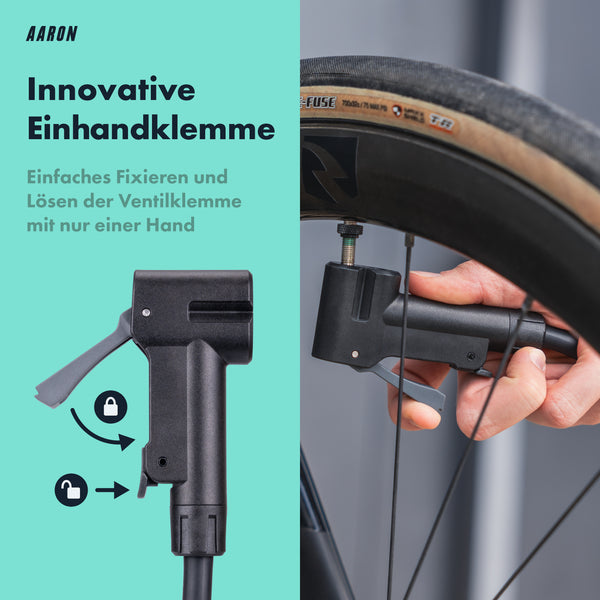 AARON Sport One 3.0 Fahrradpumpe - Rot mit innovativer Einhandklemme zur einfachen Bedienung und schnellem Ventilwechsel
