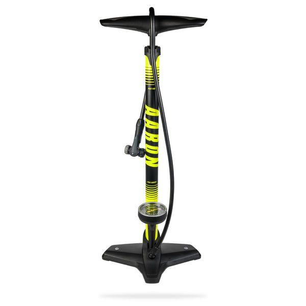 AARON Sport One Fahrradpumpe - Gelb mit universalem Doppelpumpenkopf, großem Manometer und stabilem Standfuß.