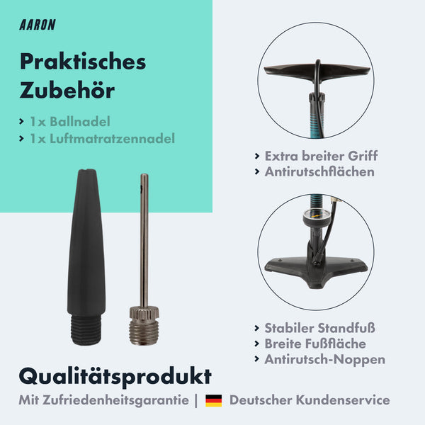 AARON Sport One Fahrradpumpe - Blau mit praktischem Zubehör, extra breitem Griff und stabilem Antirutsch-Standfuß.