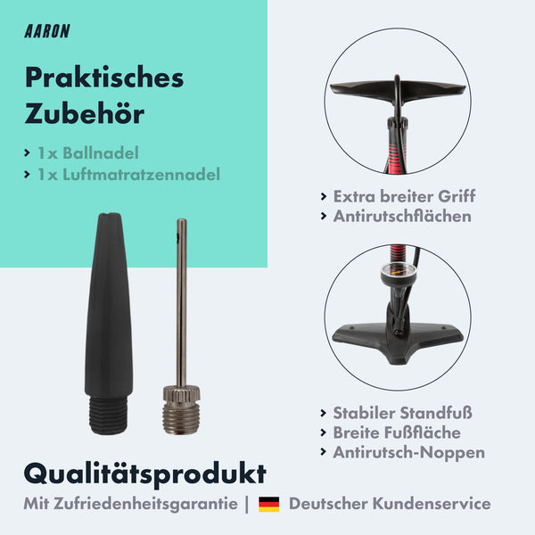 AARON Sport One Fahrradpumpe - Rot mit Zubehör, extra breitem Griff und stabilem Standfuß für alle Ventilarten.
