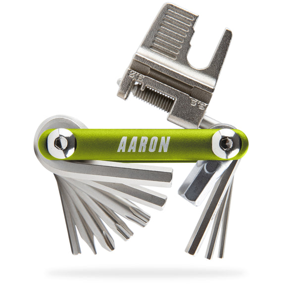 AARON Tool 20 in 1 Multitool Fahrrad Multifunktionswerkzeug in Grün mit Inbusschlüsseln und Speichenschlüsseln.