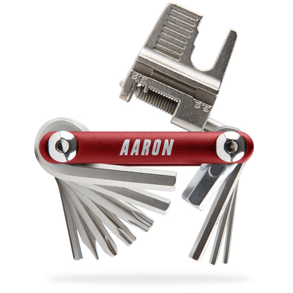 AARON Tool 20 in 1 Multitool Fahrrad Multifunktionswerkzeug in Rot mit vielfältigen Schlüsselaufsätzen und Kettennieter.