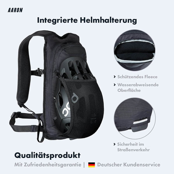 AARON 8L Fahrradrucksack - Klein, Wasserdicht mit Regenschutz und integrierter Helmhalterung vorne aus Mesh-Netz.