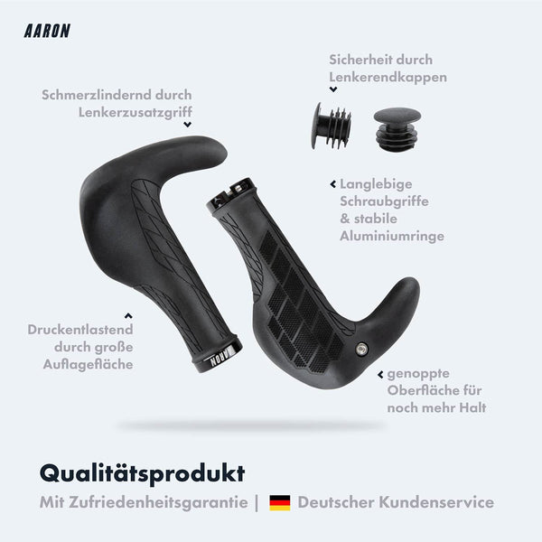 AARON Bull Fahrradgriffe ergonomisch schwarz mit Lenkerhörnchen, Schraubgriff, Handauflagefläche und Lenkerendkappen für Sicherheit.
