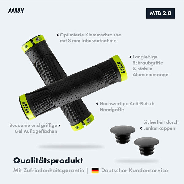 AARON MTB Fahrradgriffe - Gelb, ergonomisch, rutschfest, mit Gel-Auflagefläche und integrierter Schraube für sicheren Halt.