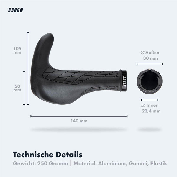 AARON Bull Fahrradgriffe - Ergonomisch - Schwarz mit Lenkerhörnchen, Maße und Materialdetails für schmerzfreies Fahren.