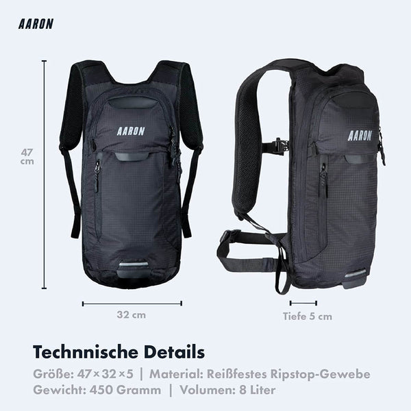AARON 8L Fahrradrucksack - Klein, wasserdicht mit Regenschutz, Maße 47x32x5 cm, Volumen 8 Liter, schwarz.