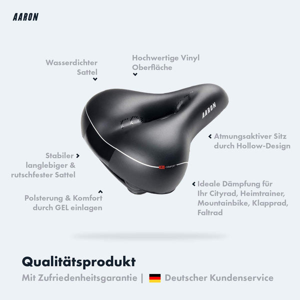 AARON City Fahrradsattel mit wasserdichter Vinyl Oberfläche, Gel Einlage und atmungsaktivem Hollow-Design, schwarz.