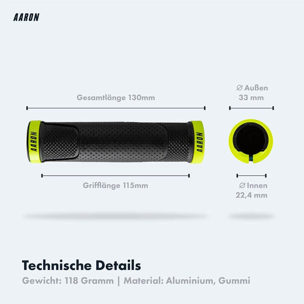 AARON MTB Fahrradgriffe - Gelb mit rutschfester Oberfläche, 130 mm Länge, ergonomisch und stoßdämpfend, Aluminium und Gummi.