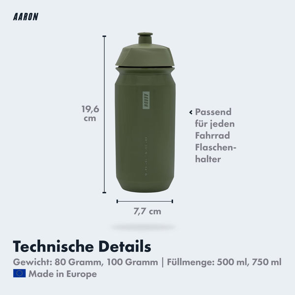 AARON ECO Fahrrad Trinkflasche Grün aus biologisch abbaubarem Material, BPA-frei, auslaufsicher, 500 ml, passend für Flaschenhalter.