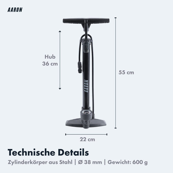 AARON AIR+ Standpumpe mit Manometer, schwarz, Stahlzylinder, 55 cm hoch, 22 cm breit, 600 g Gewicht, Hub 36 cm.