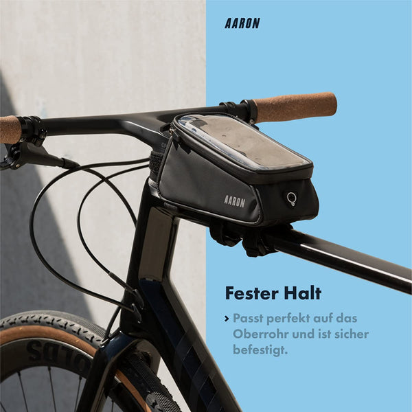 AARON Mobile Fahrrad Handytasche / Halterung wasserdicht, passend für Smartphones bis 6,7", sicher am Oberrohr befestigt.