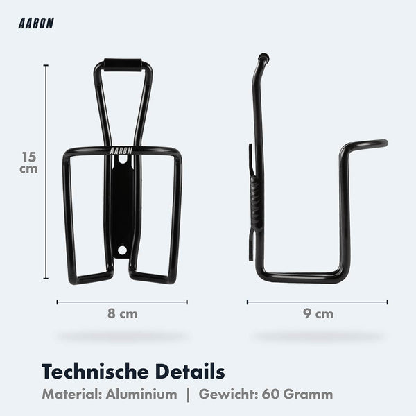 AARON Classic Flaschenhalter Fahrrad aus leichtem Aluminium, Maße 15x8x9 cm, robust und rostfrei für Standard Trinkflaschen.