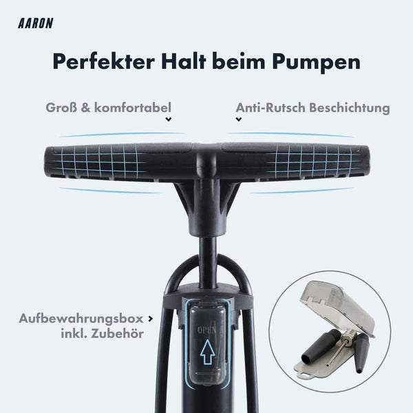 AARON AIR Standpumpe mit Manometer und Ball-Aufsatz, ergonomischer Griff mit Anti-Rutsch-Beschichtung in Schwarz