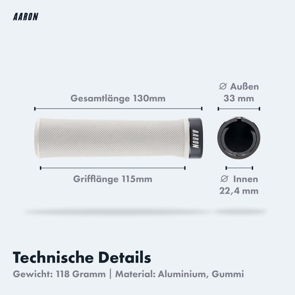AARON Peak - MTB, Enduro & BMX Fahrradgriffe Weiß mit 130mm Länge, Aluminium und Gummi, technische Details sichtbar.