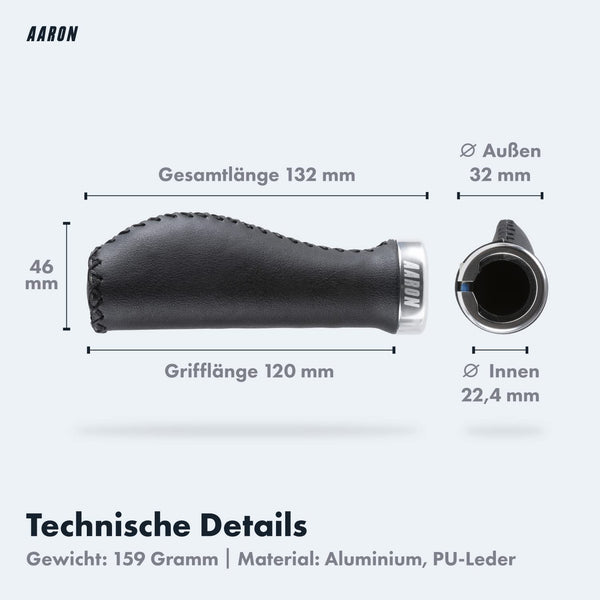AARON Vintage ergonomischer Kunstleder Fahrradgriffe - Silber mit Maßen und technischen Details aus Aluminium und PU-Leder